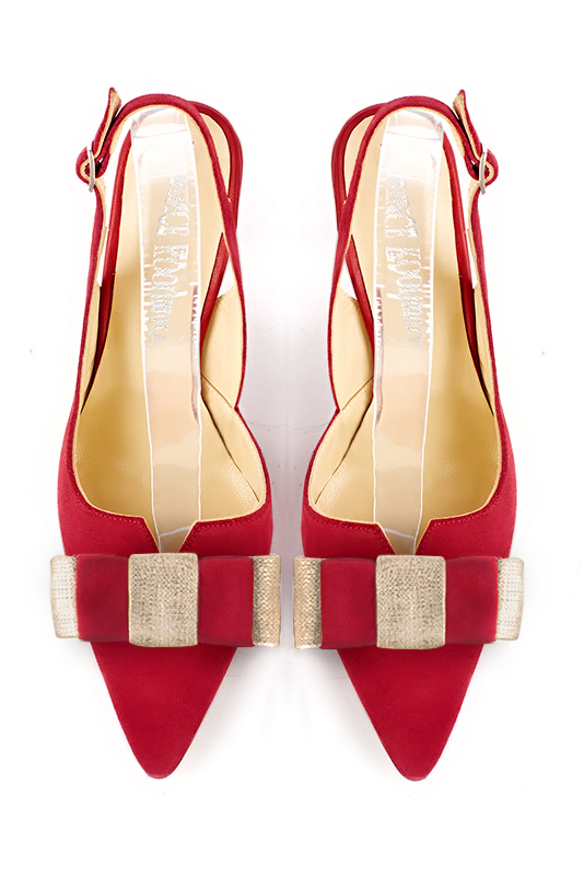 Cardinal red and gold women's open back shoes, with a knot. Tapered toe. Very high spool heels. Top view - Florence KOOIJMAN